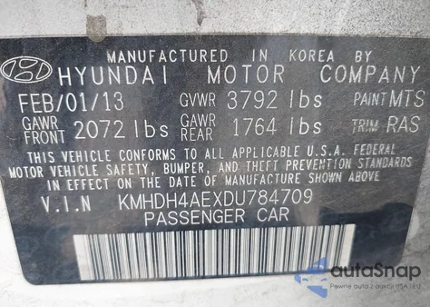 2013 Hyundai Elantra Gls from USA, damaged, VIN KMHDH4AEXDU784709